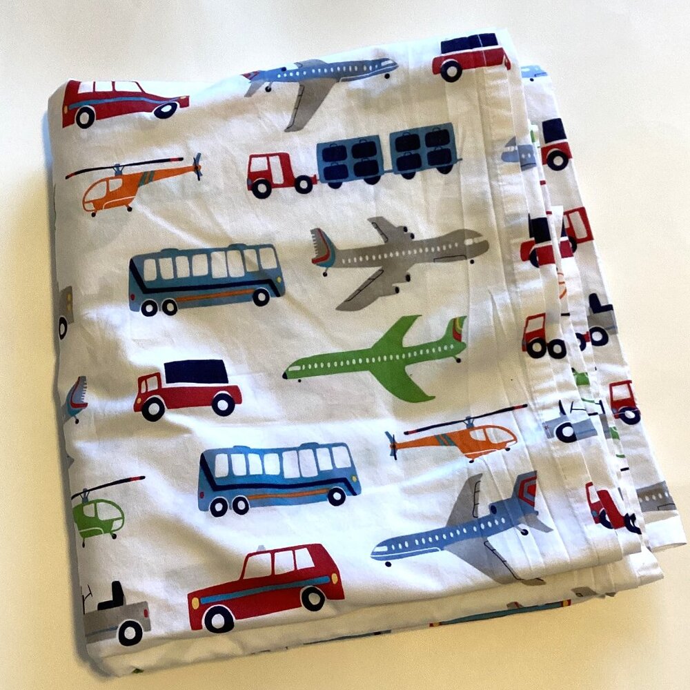 Pottery Barn Kids Queen Cotton Flat Sheet Bedding Car Buses Airplanes